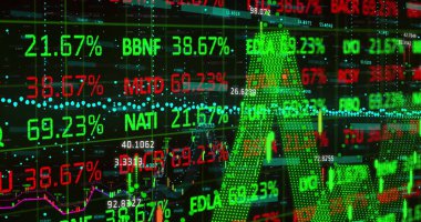 Finansal veri işleme ve istatistik kaydı. küresel iş, finans, bağlantılar ve dijital arayüz konsepti dijital olarak oluşturulmuş görüntü.