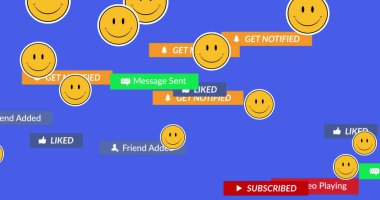 Mor arkaplan üzerinde emojiler olan afişler üzerine sosyal medya metni resmi. küresel ağ, sosyal medya, teknoloji ve iletişim konsepti dijital olarak oluşturulmuş görüntü.