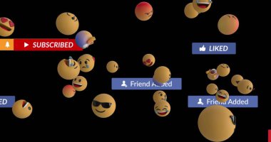 Siyah arkaplan üzerinde emojiler olan afişler üzerine sosyal medya metni resmi. küresel ağ, sosyal medya, teknoloji ve iletişim konsepti dijital olarak oluşturulmuş görüntü.