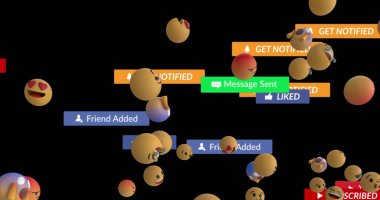 Siyah arkaplan üzerinde emojiler olan afişler üzerine sosyal medya metni resmi. küresel ağ, sosyal medya, teknoloji ve iletişim konsepti dijital olarak oluşturulmuş görüntü.