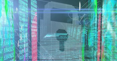 Arka planda veri işleme sistemi olan çevrimiçi güvenlik asma kilidi resmi. küresel bağlantılar, dijital arayüz ve dijital olarak oluşturulan güvenlik konsepti.