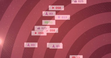 Pembe kavisli şeritler üzerindeki afişler üzerinde sosyal medya simgeleri. küresel iletişim, dijital arayüz ve teknoloji konsepti dijital olarak oluşturulmuş görüntü.