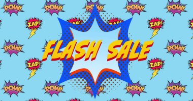 Mavi arkaplandaki karikatür retro konuşma baloncukları üzerinde konuşma baloncuğu üzerindeki flash satış metni resmi. Klasik çizgi roman konsepti dijital olarak oluşturuldu.
