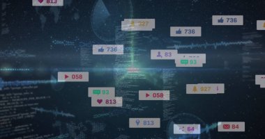 Veri işleme üzerine afiş asılan sosyal medya simgelerinin resmi. küresel çevrimiçi iletişim, dijital arayüz ve dijital olarak oluşturulmuş görüntü konsepti.