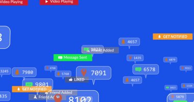 Mavi arkaplan üzerinde rakamlar olan afişler üzerindeki sosyal medya metninin resmi. küresel ağ, sosyal medya, teknoloji ve iletişim konsepti dijital olarak oluşturulmuş görüntü.