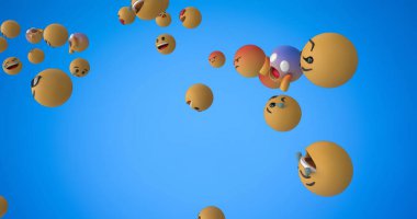 Değişik ifadelerle yüzen emojiler neşeli ve neşeli bir atmosfer yaratıyor. Duygular, eğlence, yüzler, dijital, iletişim, renkli