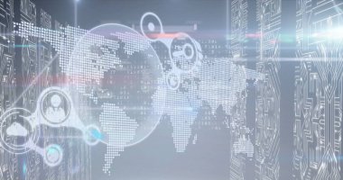 Dünya haritasında küre ve veri işleme görüntüsü ve mavi arka planda ekran. küresel teknoloji, dijital arayüz konsepti dijital olarak oluşturulmuş görüntü.