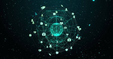 Fütürist dijital ağ arayüzü ekranında birbirine bağlı simgeler parlıyor. Teknoloji, bağlantı, yenilik, iletişim, sanal