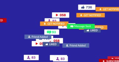 Düşen sosyal medya simgelerinin mavi arkaplandaki görüntüsü. Sosyal medya ve iletişim konsepti dijital olarak oluşturuldu.