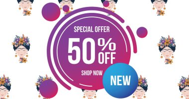 Özel görüntü, daire üzerinden yüzde 50 indirimli metin ve beyaz arka planda kadın yüzü sunuyor. Retro satışlar, perakende satışlar ve dijital olarak oluşturulan tasarruf konsepti.