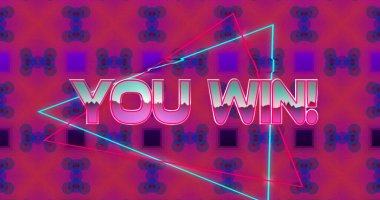 Canlı renklere sahip dijital arayüz ve kalın You Win! Mesaj var. Oyun, atari salonu, zafer, piksel, neon, parlak