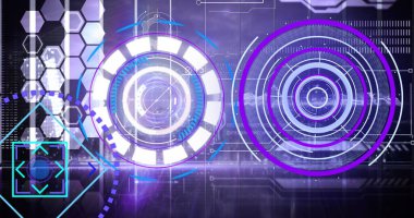 Dijital ekranda tarama ve veri işleme dürbünü görüntüsü. küresel teknoloji, dijital arayüz ve dijital olarak oluşturulan veri işleme konsepti.