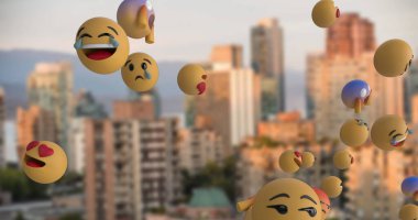 Gün batımında şehir silueti üzerinde çeşitli duyguları ifade eden yüzen emojiler. Duygular, şehir manzarası, şehir, ifade, illüstrasyon