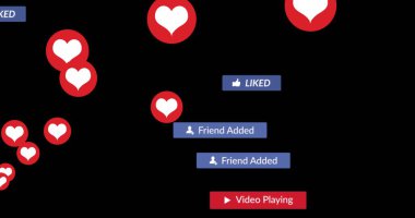 Siyah arkaplan üzerine düşen sosyal medya simgeleri ve emojiler. Sosyal medya ve iletişim konsepti dijital olarak oluşturuldu.