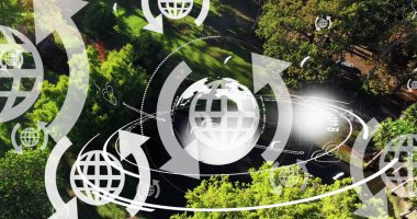 Yeryüzü simgeleri, oklu ve yeryüzü üzerinde dönen küre simgeleri. küresel seyahat, bağlantılar, dijital arayüz ve dijital olarak oluşturulmuş görüntü konsepti.