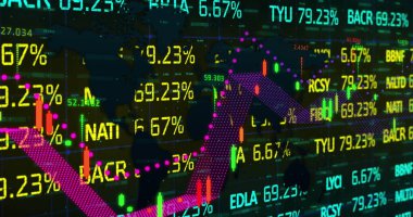 Finansal veri işleme ve istatistik kaydı. küresel iş, finans, bağlantılar ve dijital arayüz konsepti dijital olarak oluşturulmuş görüntü.