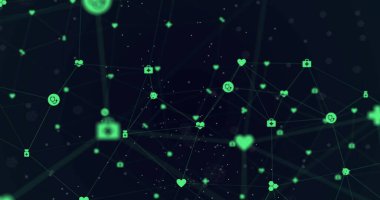 Siyah arkaplandaki dijital simgelerle bağlantı ağının resmi. küresel bağlantılar, veri işleme ve dijital arayüz konsepti dijital olarak oluşturulmuş resim.