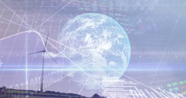 Dünya ve rüzgar türbini üzerinde veri işleme ikili kodlaması. küresel çevre, teknoloji, araştırma bağlantıları ve dijital arayüz konsepti dijital olarak oluşturulmuş görüntü.