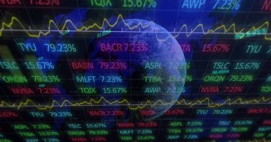 Borsa veri işlemesinin dijital görüntüsü, dünya haritası ve kara fon üzerinde. küresel finans ve ağ kurma kavramı