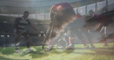 Rugby oyuncuları sahada, stadyumda top için yarışıyorlar. Spor, rekabet, takım çalışması, sporcular, eylem, kararlılık