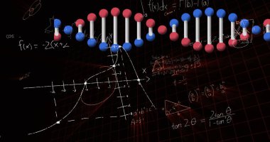 DNA iplikçiklerinin, veri işleme ve matematiksel denklemlerin görüntüsü. küresel bilgi, bilim, veri işleme, teknoloji ve bağlantı konsepti dijital olarak oluşturulmuş görüntü.
