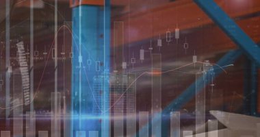 Bina üzerinde istatistik ve finansal veri işleme görüntüsü. global business, finans, data işleme ve dijital arayüz kavramı dijital olarak oluşturuldu.