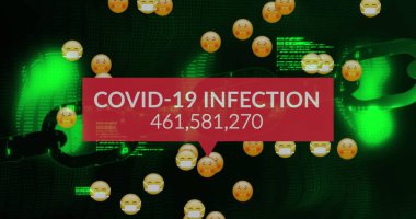 Metin covid 19 enfeksiyonu görüntüsü ve kırmızıda artan sayılar, veriler ve emoticonlar üzerinde, siyahta. Coronavirus covid 19 pandemik ve küresel iletişim konsepti, dijital olarak üretilen görüntü.