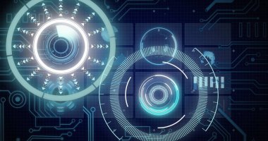 Dijital ekranda tarama ve veri işleme dürbünü görüntüsü. küresel teknoloji ve dijital arayüz kavramı dijital olarak oluşturulmuş görüntü.