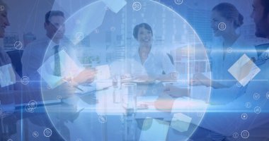 Ofiste tokalaşan iş adamlarına karşı dijital simge ağı taraması. Takım çalışması ve iş teknolojisi kavramı