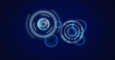 Mavi arkaplanda tarama ve veri işleme dürbünü görüntüsü. küresel teknoloji ve dijital arayüz kavramı dijital olarak oluşturulmuş görüntü.