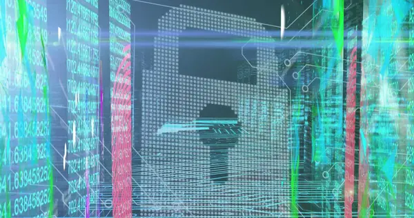 Arka planda veri işleme sistemi olan çevrimiçi güvenlik asma kilidi resmi. küresel bağlantılar, dijital arayüz ve dijital olarak oluşturulan güvenlik konsepti.