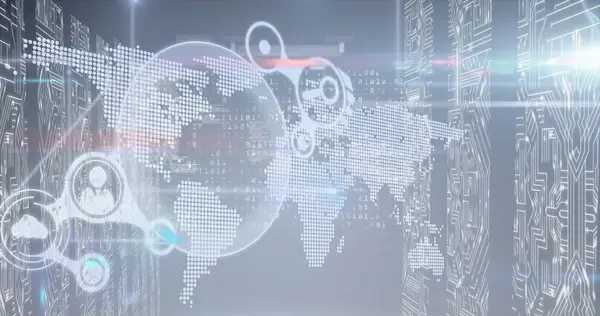 Dünya haritasında küre ve veri işleme görüntüsü ve mavi arka planda ekran. küresel teknoloji, dijital arayüz konsepti dijital olarak oluşturulmuş görüntü.
