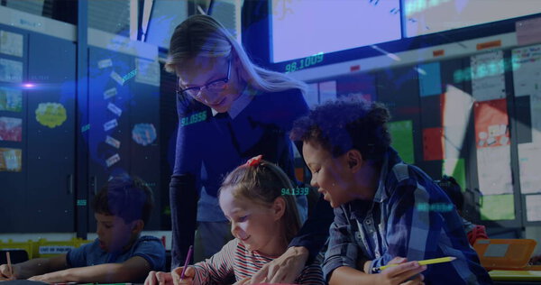 Image of lights and data moving over female teacher teaching children a lesson in an elementary school classroom. Global digital network and education digital composite.