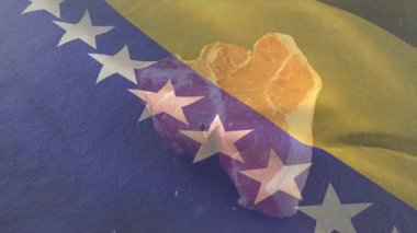 Portakal dilimi ve mor kristal animasyonlu Bosna-Hersek bayrağı tasarımı. Vatanseverlik, sembolizm, narenciye, değerli taş, dijital sanat, yaratıcılık