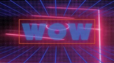 Canlı neon pembe ve mavi ızgaralı WOW yazısıyla parlayan retro animasyon. renkli, dijital, fütüristik