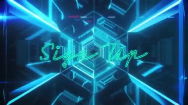 Neon imzalı metin, geleceksel geometrik mavi ışık tüneli animasyonu üzerine. Soyut, dijital, teknoloji, canlı, ışıltılı, siber