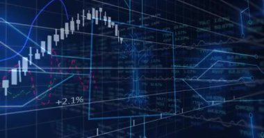 Dijital ağ kaplamalı finansal veri tabloları ve grafiklerin animasyonu. Finans, analitik, teknoloji, yatırım, büyüme, iş