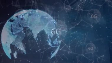 6G ağ bağlantıları ve veri işleme animasyonuna sahip dijital dünya. Teknoloji, iletişim, bağlantı, gelecek, yenilik, internet