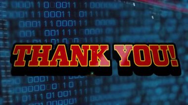 Dijital ikili kod animasyon arkaplanını kaplayan cesur teşekkür mesajı. Minnettarlık, takdir, siber, teknoloji, soyut, matris