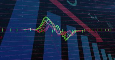 Modern mimari yapıyı kapsayan finansal grafikler ve veri işleme animasyonu. Finans, analitik, ekonomi, yatırım, teknoloji, yenilik