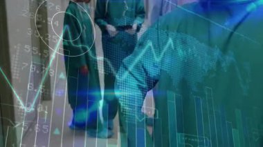 Okulda, tıp ekibi dünya haritasının animasyonuyla veri grafiklerini analiz ediyor. Sağlık, analiz, teknoloji, araştırma, yenilik, işbirliği