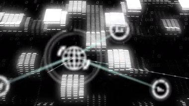 Soyut geometrik şekiller ve ızgaralar üzerinde dijital veri ve ikili kod animasyonu. Teknoloji, fütürist, siber, ağ, yenilik, analitik