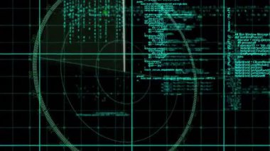 Veri ve kod gösteriliyor, dijital radar ekranı siyah arkaplan üzerinde yeşil olarak. Teknoloji, siber güvenlik, analiz, arayüz, fütüristik, ağ