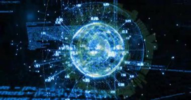 Etrafında ikili kod olan parıldayan dijital kürenin animasyonu. Teknoloji, veri, siber uzay, ağ, fütüristik, bağlantı
