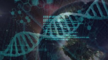 İkili kodlama ile DNA ipliği, animasyonda bilimsel verileri işlemek. Bilim, genetik, biyoteknoloji, dijital, veri analizi, biyoenformatik