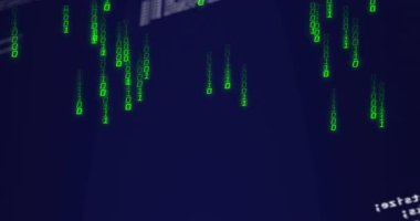 Koyu mavi arkaplan üzerinde yeşil ikili kod ve programlama metin animasyonu. Teknoloji, kodlama, dijital, siber, veri, matris