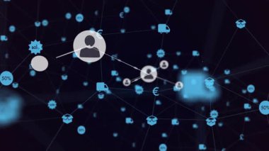 Çeşitli simgeler ve semboller üzerinde bağlantılar ve veri işleme animasyonu ağı. Teknoloji, dijital, bağlantı, iletişim, ağ, internet