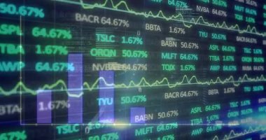 Animasyonda dalgalı finansal bilgiler, borsa verileri ve grafikler gösteriliyor. Finans, yatırım, ekonomi, analitik, ticaret, görselleştirme