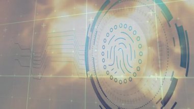 Dijital parmak izi taraması bulutlu gökyüzünde animasyon, fütüristik teknoloji konsepti. Biyometrik, siber güvenlik, yenilik, güvenlik, gelecek