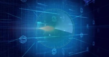 Mavi teknoloji arka planında veri işleme animasyonu olan dijital dolar sembolü. Finans, dijital para birimi, engelleme zinciri, teknoloji, fintech, kripto para birimi